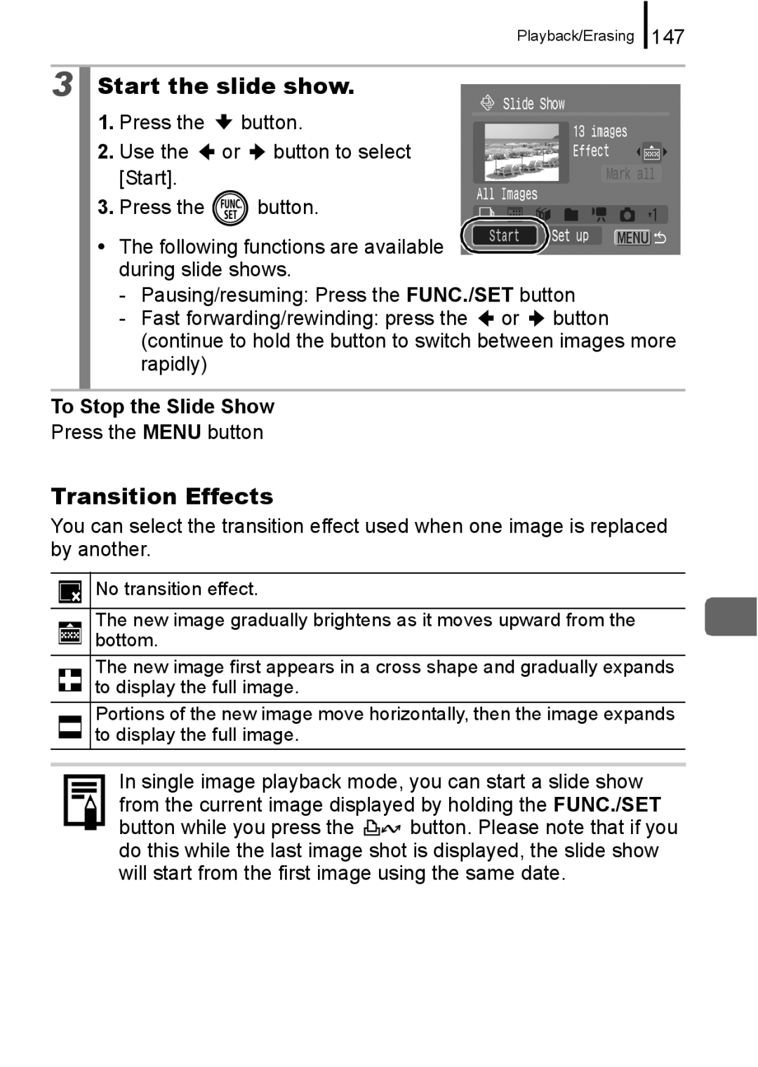 Canon 960 IS appendix Start the slide show, Transition Effects, 147, To Stop the Slide Show 