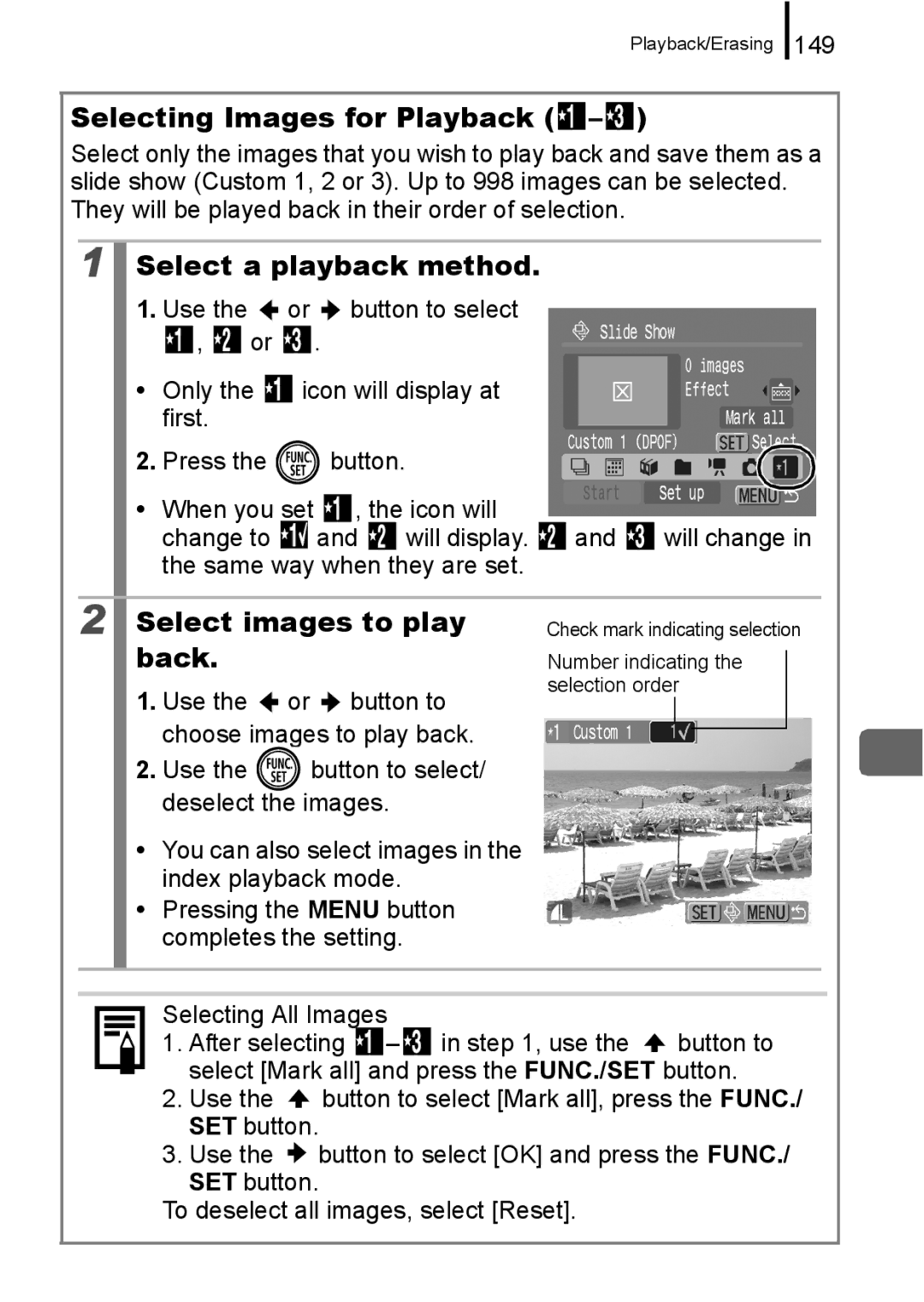 Canon 960 IS appendix Selecting Images for Playback, Select images to play, Back, 149, Use the or button to 