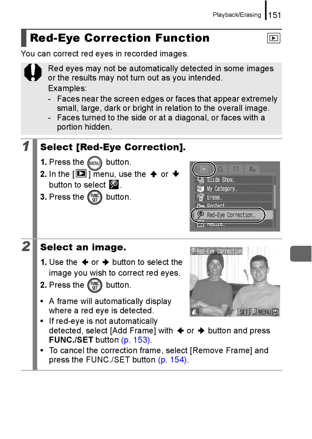 Canon 960 IS appendix Red-Eye Correction Function, Select Red-Eye Correction, Select an image, 151 