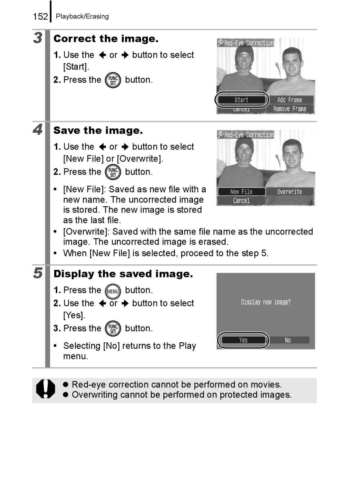 Canon 960 IS appendix Correct the image, Save the image, Display the saved image, 152 