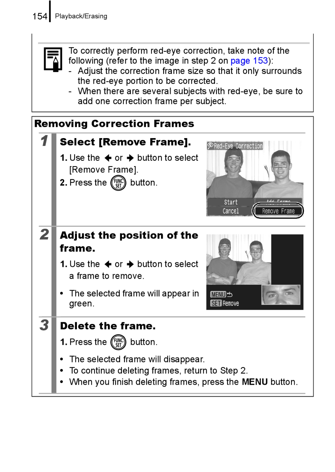 Canon 960 IS appendix Removing Correction Frames Select Remove Frame, Delete the frame, 154 