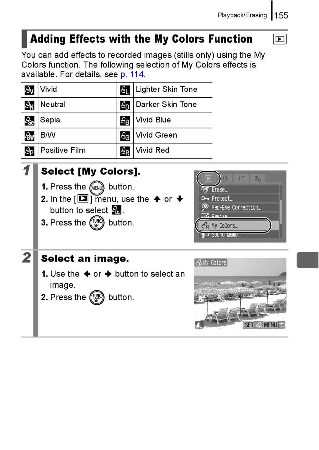 Canon 960 IS appendix Adding Effects with the My Colors Function, Select My Colors, 155 