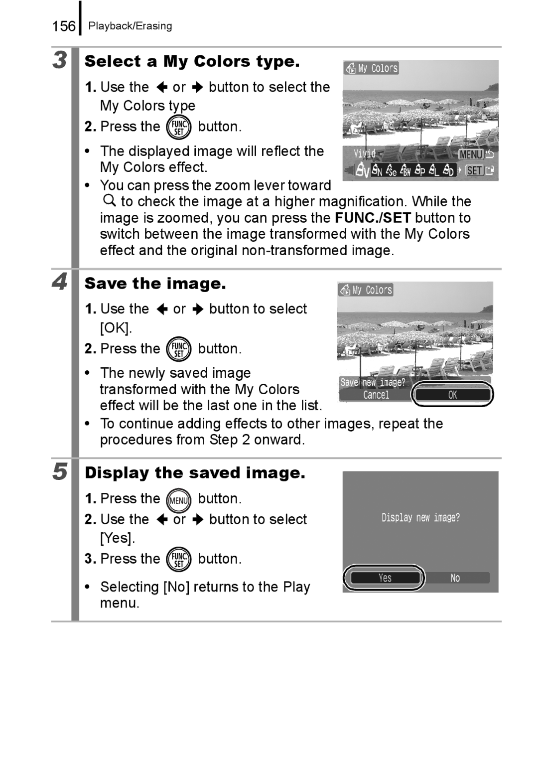 Canon 960 IS appendix Select a My Colors type, 156, Use the or button to select OK Press the button 