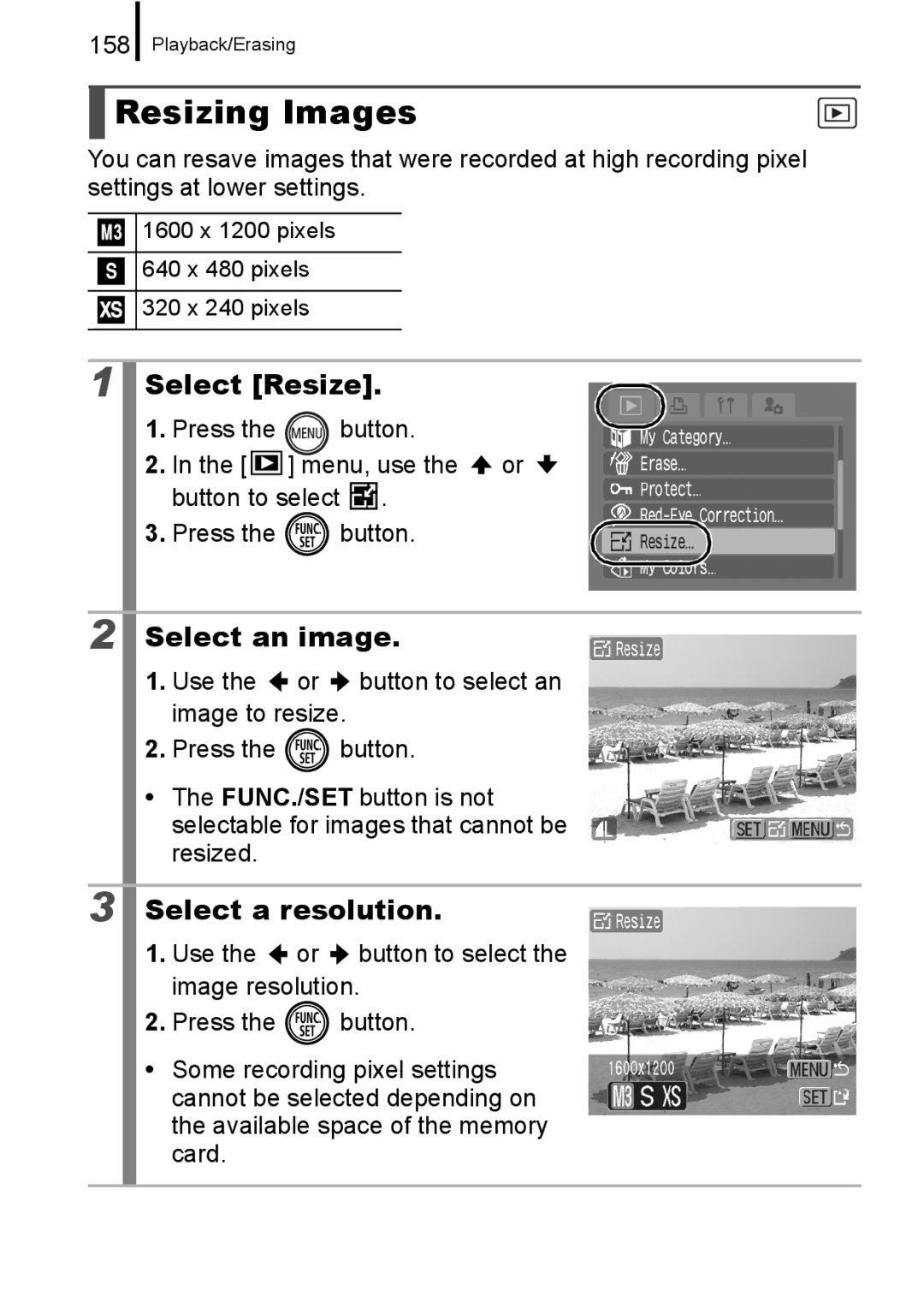 Canon 960 IS appendix Resizing Images, Select Resize, Select a resolution, 158 