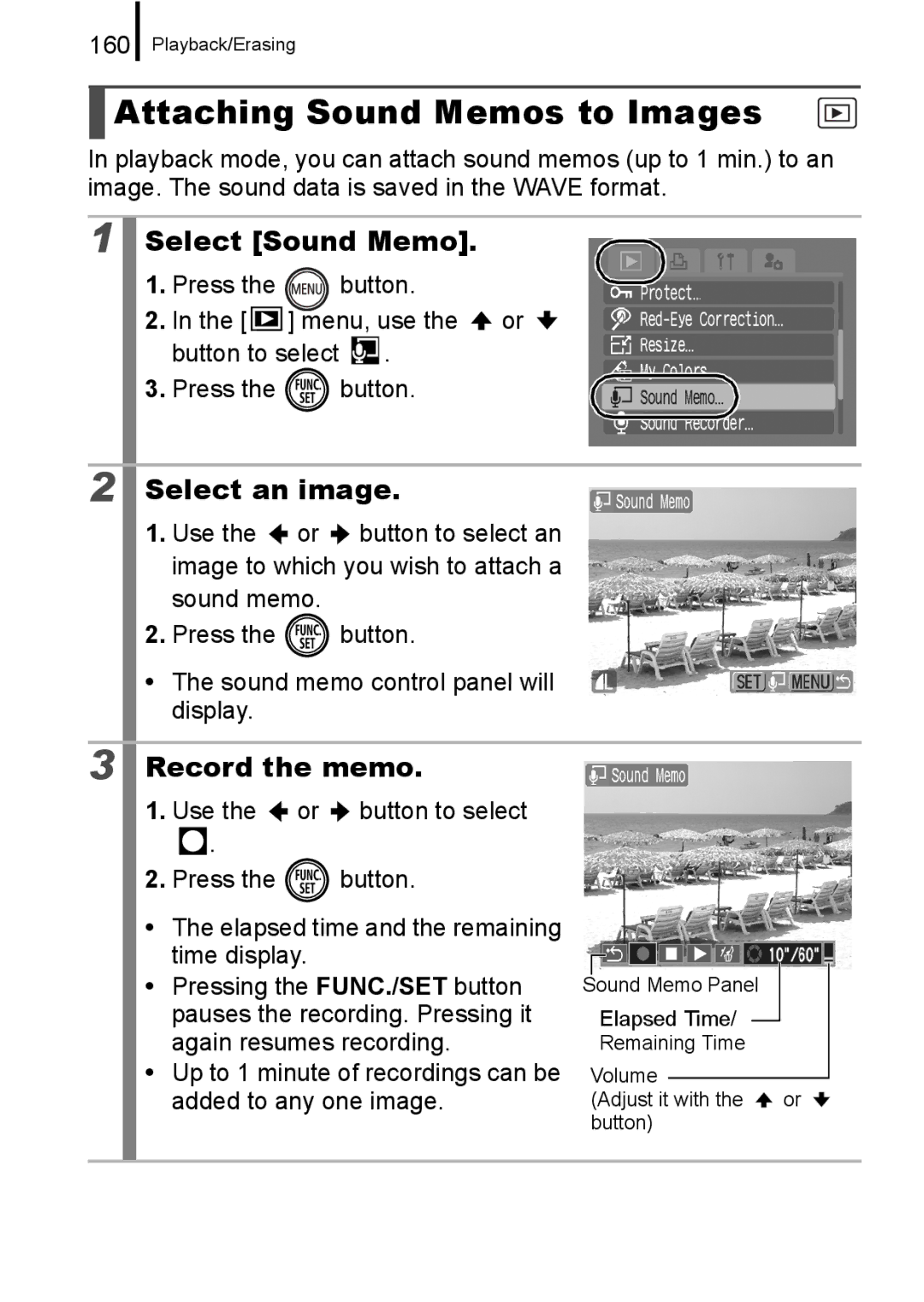 Canon 960 IS appendix Attaching Sound Memos to Images, Select Sound Memo, Record the memo 