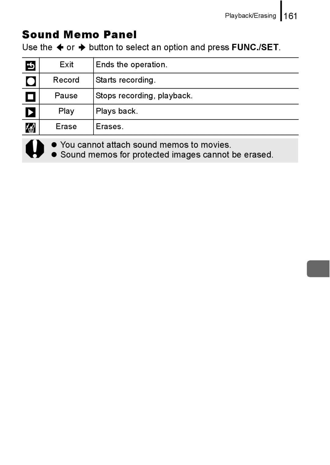 Canon 960 IS appendix Sound Memo Panel, 161, Use the or button to select an option and press FUNC./SET 