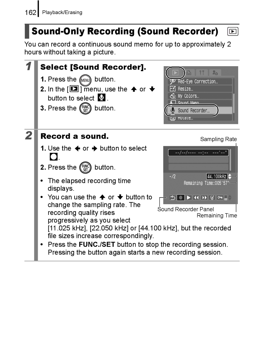 Canon 960 IS appendix Sound-Only Recording Sound Recorder, Select Sound Recorder, Record a sound, 162 