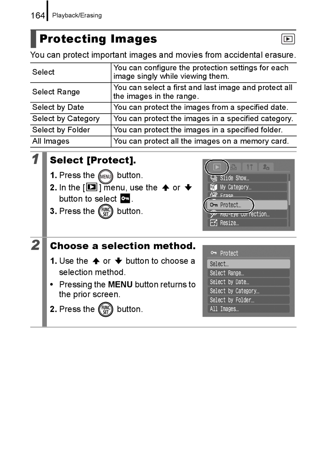 Canon 960 IS appendix Protecting Images, Select Protect, 164 