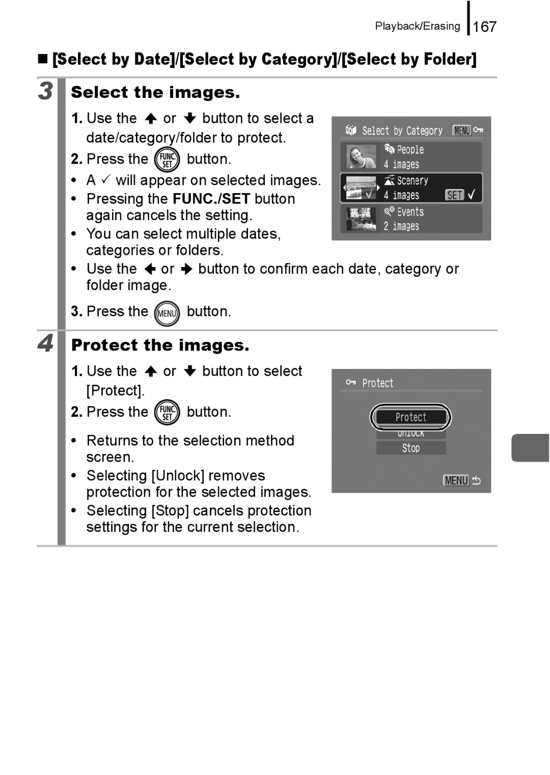 Canon 960 IS appendix Select the images, 167, „ Select by Date/Select by Category/Select by Folder 