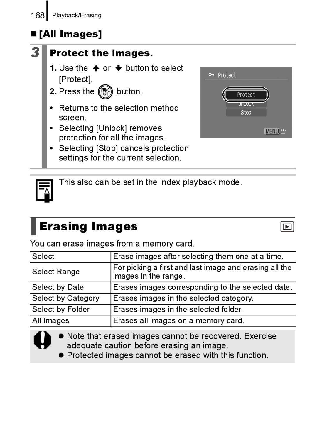 Canon 960 IS appendix Erasing Images, „ All Images Protect the images, 168, You can erase images from a memory card 