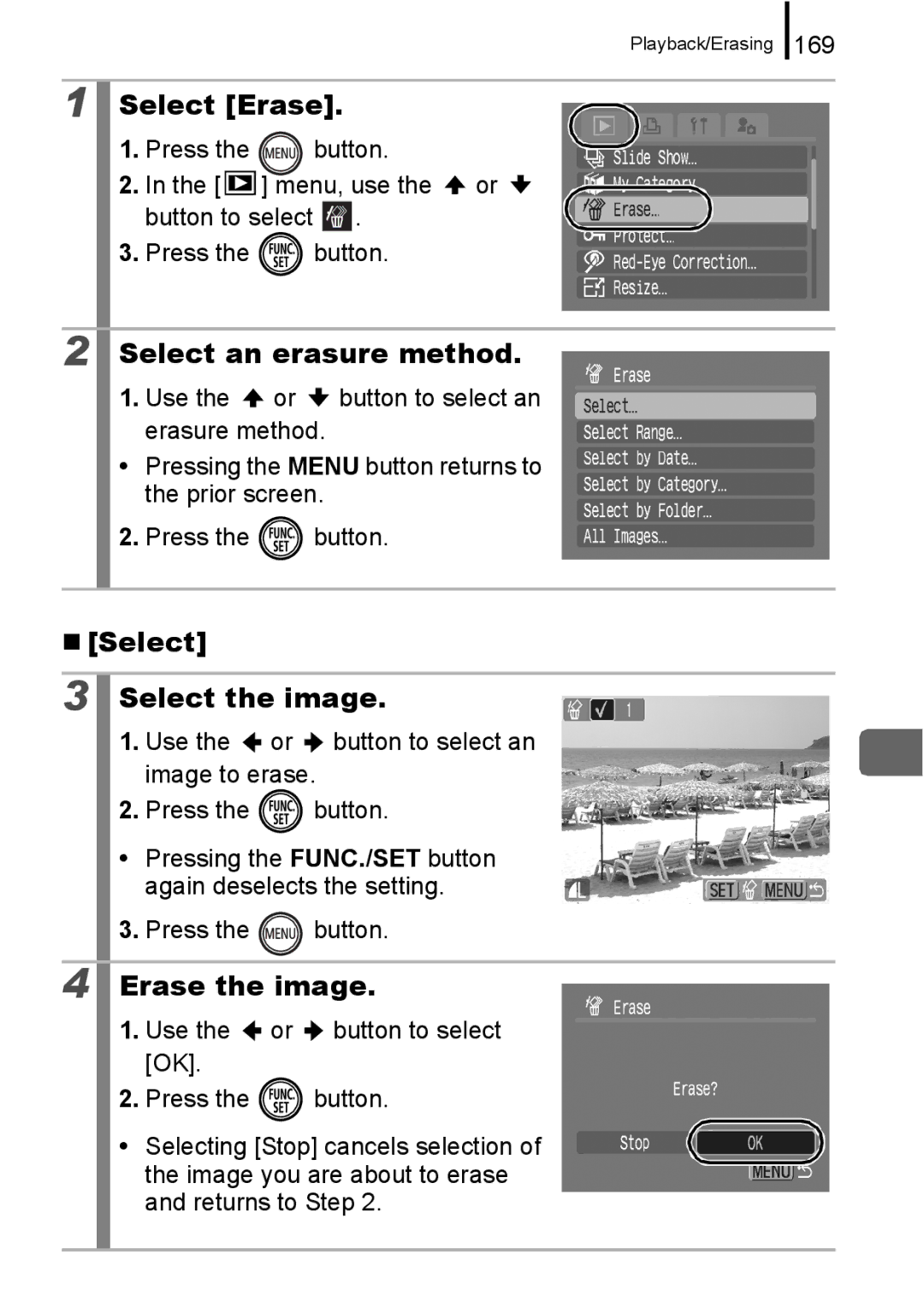 Canon 960 IS appendix Select Erase, Select an erasure method, „ Select Select the image, Erase the image, 169 