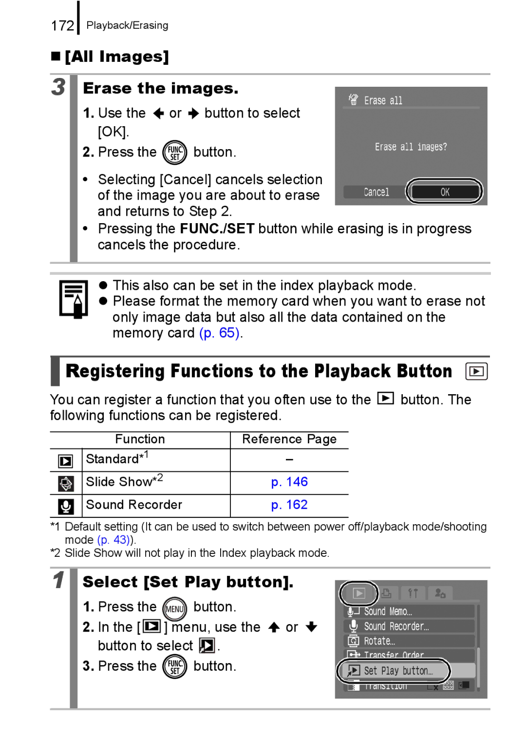 Canon 960 IS „ All Images Erase the images, Registering Functions to the Playback Button, Select Set Play button, 172 