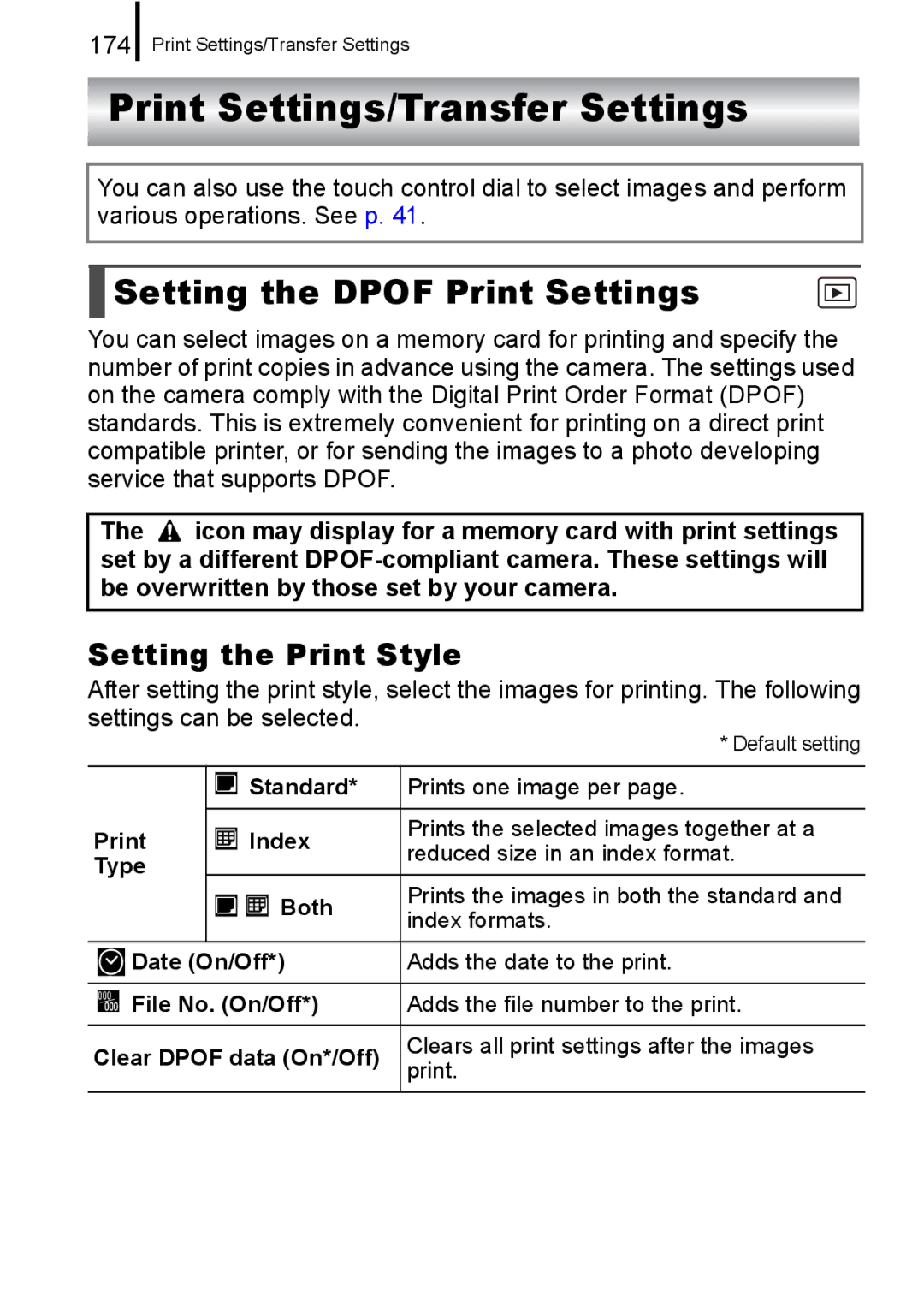 Canon 960 IS appendix Print Settings/Transfer Settings, Setting the Dpof Print Settings, Setting the Print Style, 174 