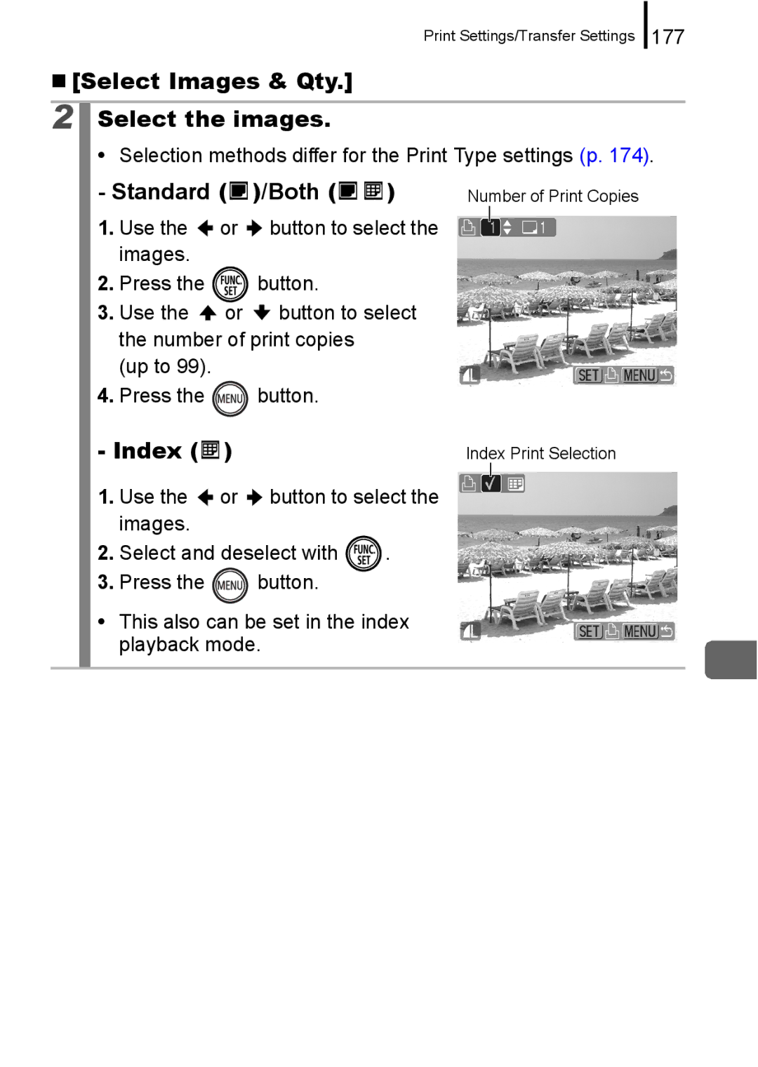 Canon 960 IS appendix „ Select Images & Qty Select the images, Standard /Both, Index, 177 