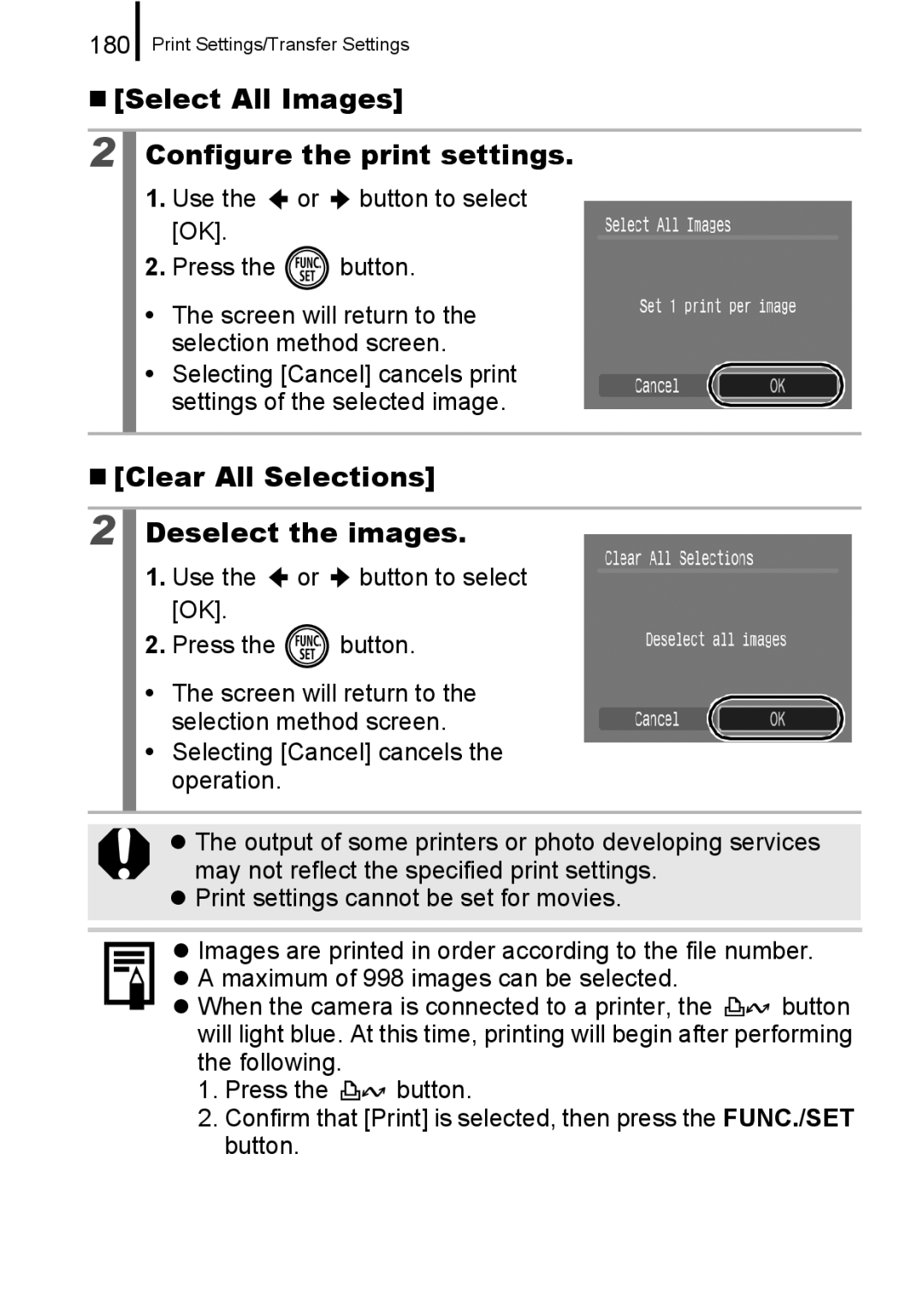 Canon 960 IS appendix „ Select All Images Configure the print settings, „ Clear All Selections Deselect the images, 180 