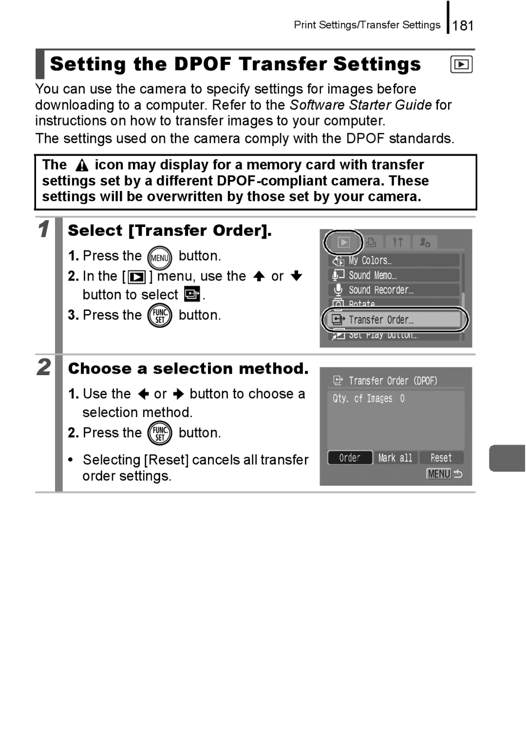 Canon 960 IS appendix Setting the Dpof Transfer Settings, Select Transfer Order, 181 