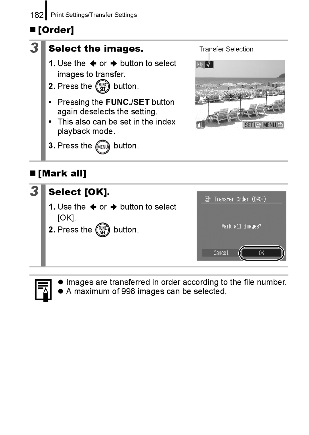 Canon 960 IS appendix „ Order Select the images, „ Mark all Select OK, 182 