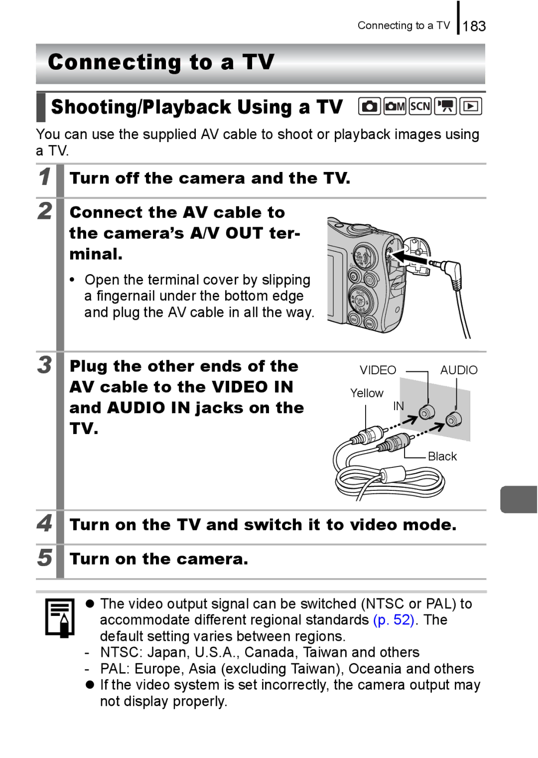 Canon 960 IS appendix Connecting to a TV, Shooting/Playback Using a TV, Plug the other ends, AV cable to the Video 