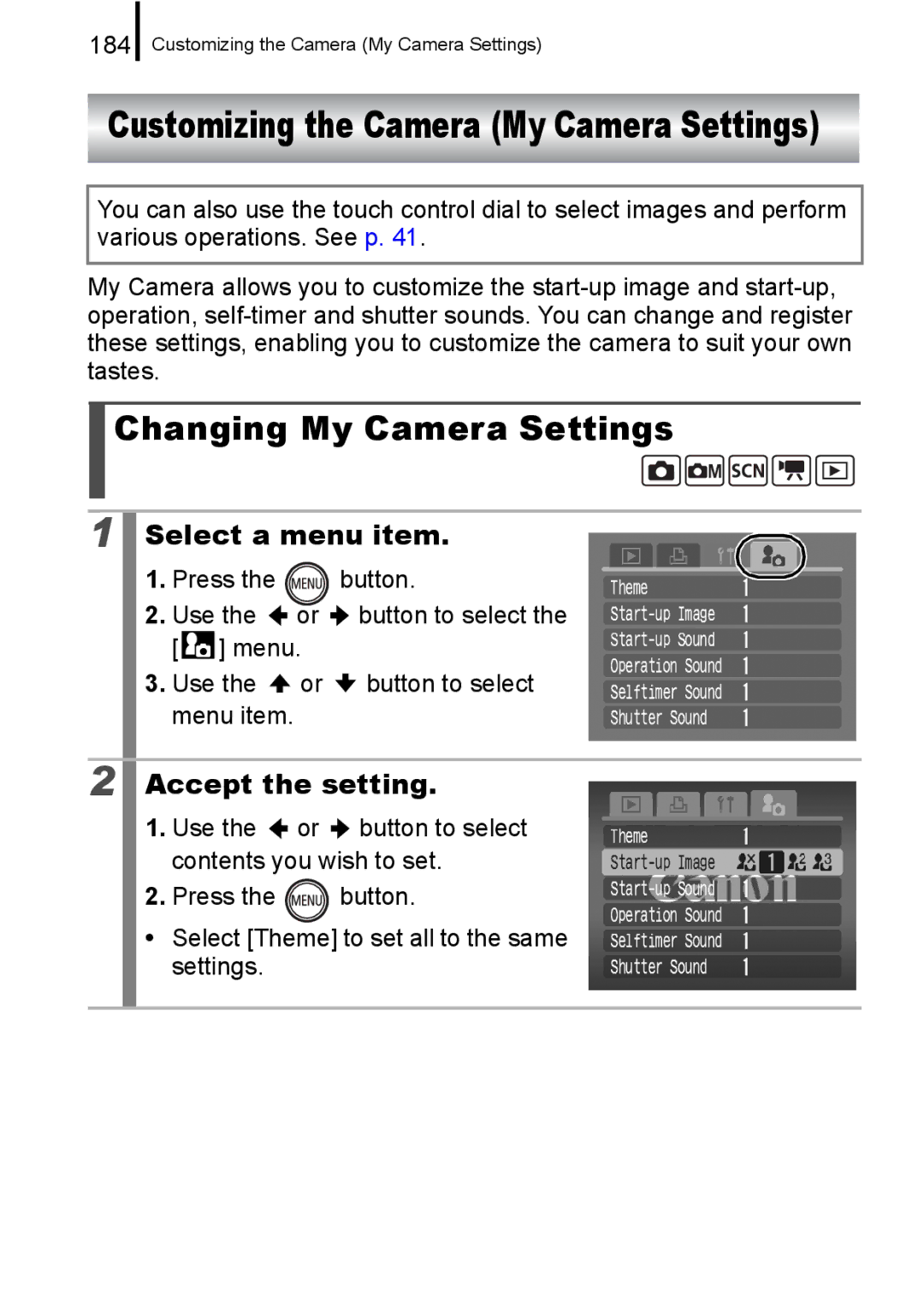 Canon 960 IS appendix Changing My Camera Settings, Customizing the Camera My Camera Settings, Select a menu item, 184 