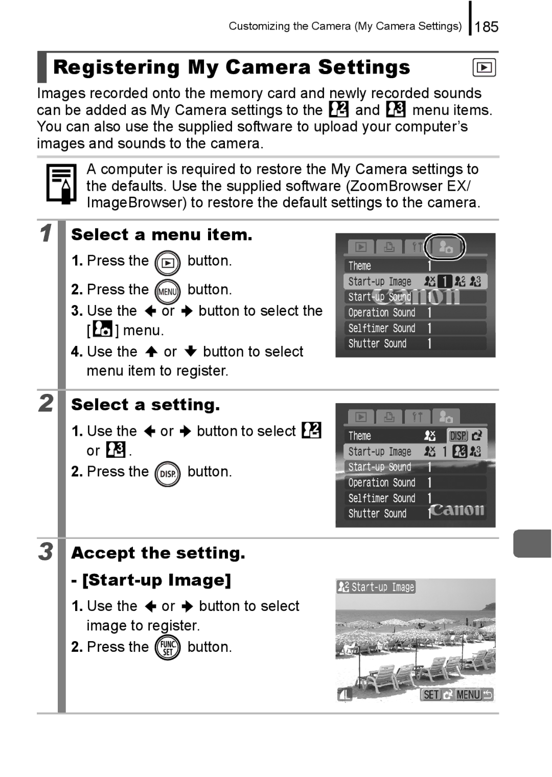 Canon 960 IS appendix Registering My Camera Settings, Select a setting, Accept the setting. Start-up Image, 185 