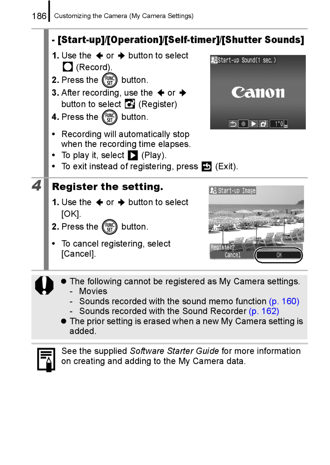 Canon 960 IS appendix Register the setting, 186, Start-up/Operation/Self-timer/Shutter Sounds 