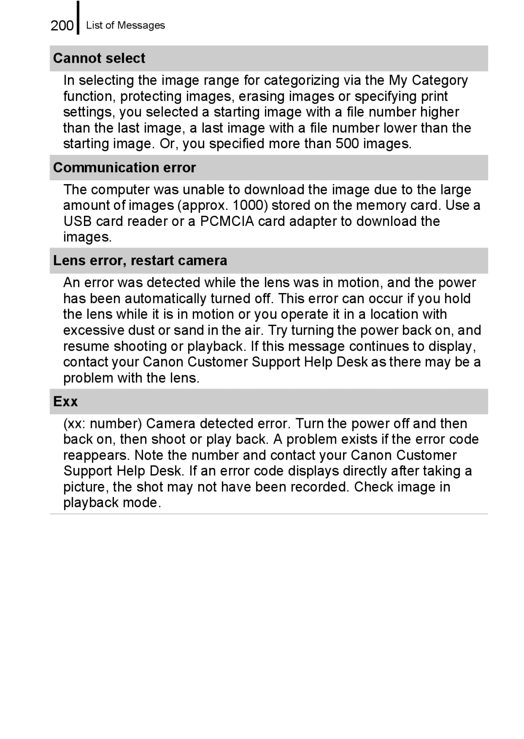 Canon 960 IS appendix 200, Cannot select, Communication error, Lens error, restart camera, Exx 