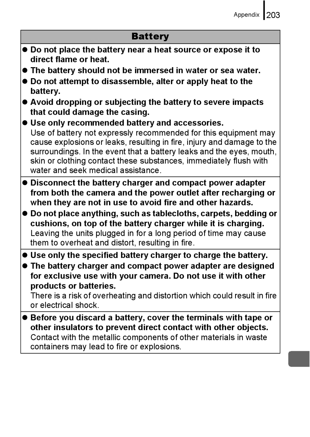 Canon 960 IS appendix Battery, 203 