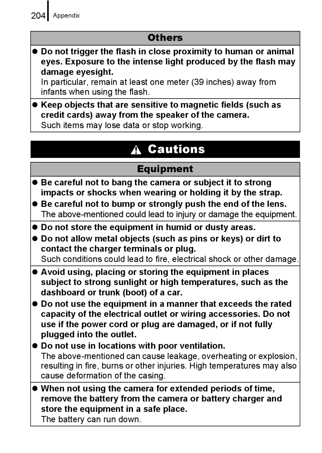 Canon 960 IS appendix Others, 204, Such items may lose data or stop working, Battery can run down 