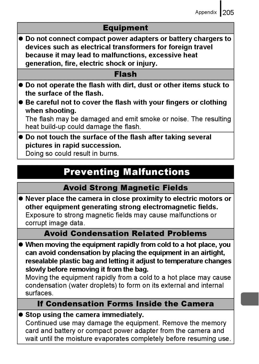 Canon 960 IS Flash, Avoid Strong Magnetic Fields, Avoid Condensation Related Problems, Stop using the camera immediately 