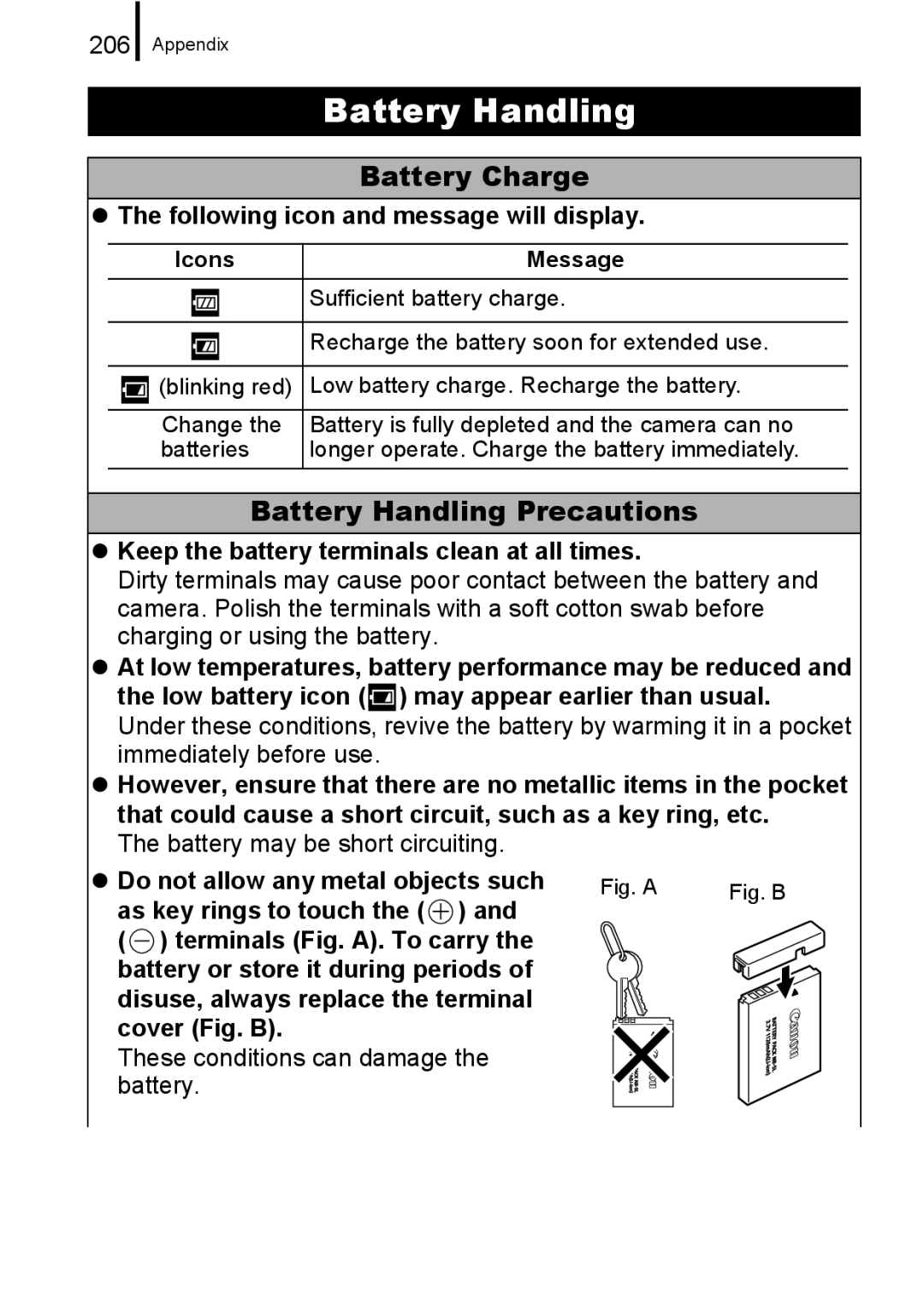 Canon 960 IS appendix Battery Charge, Battery Handling Precautions, Following icon and message will display 