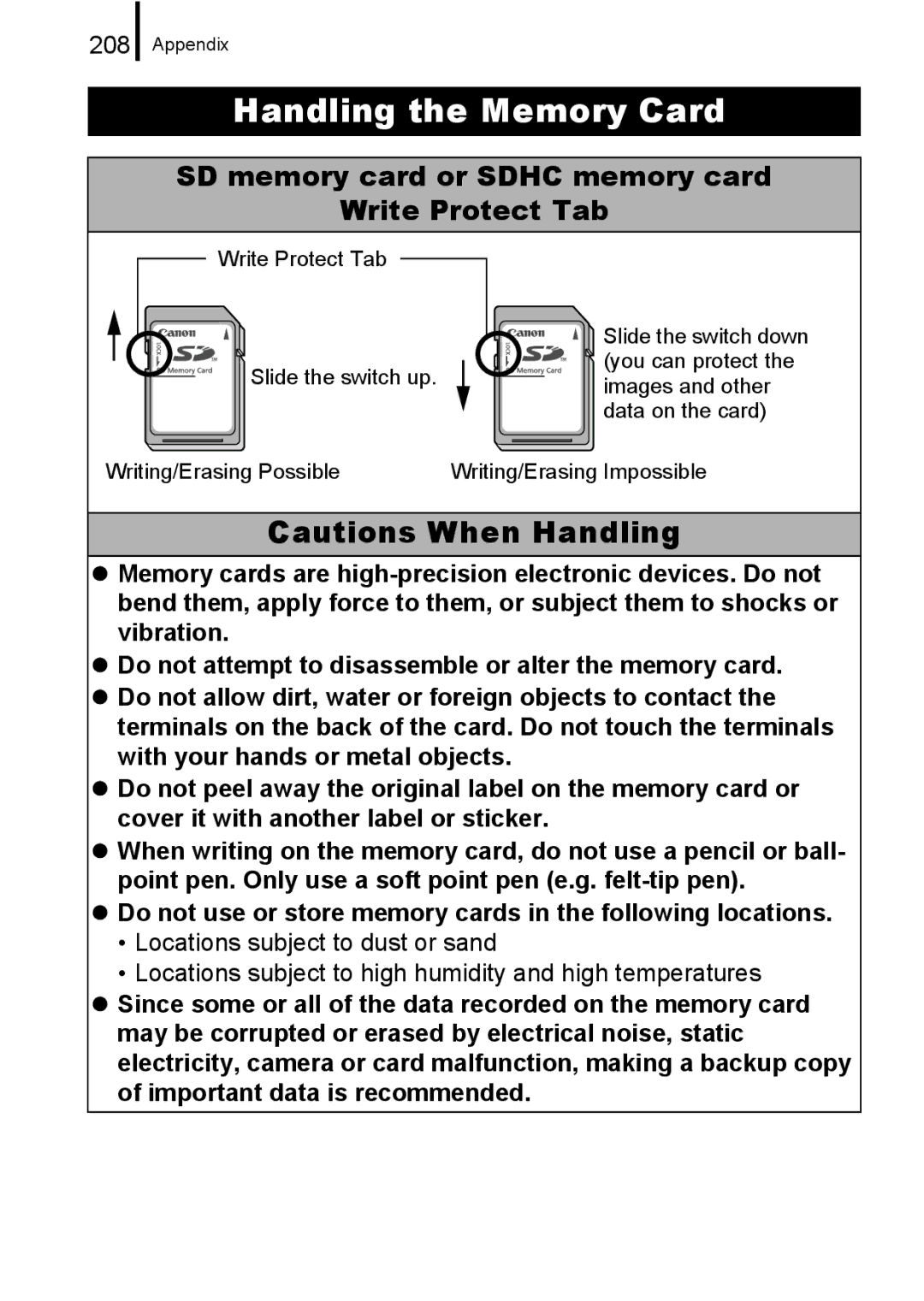 Canon 960 IS appendix SD memory card or Sdhc memory card Write Protect Tab, 208 