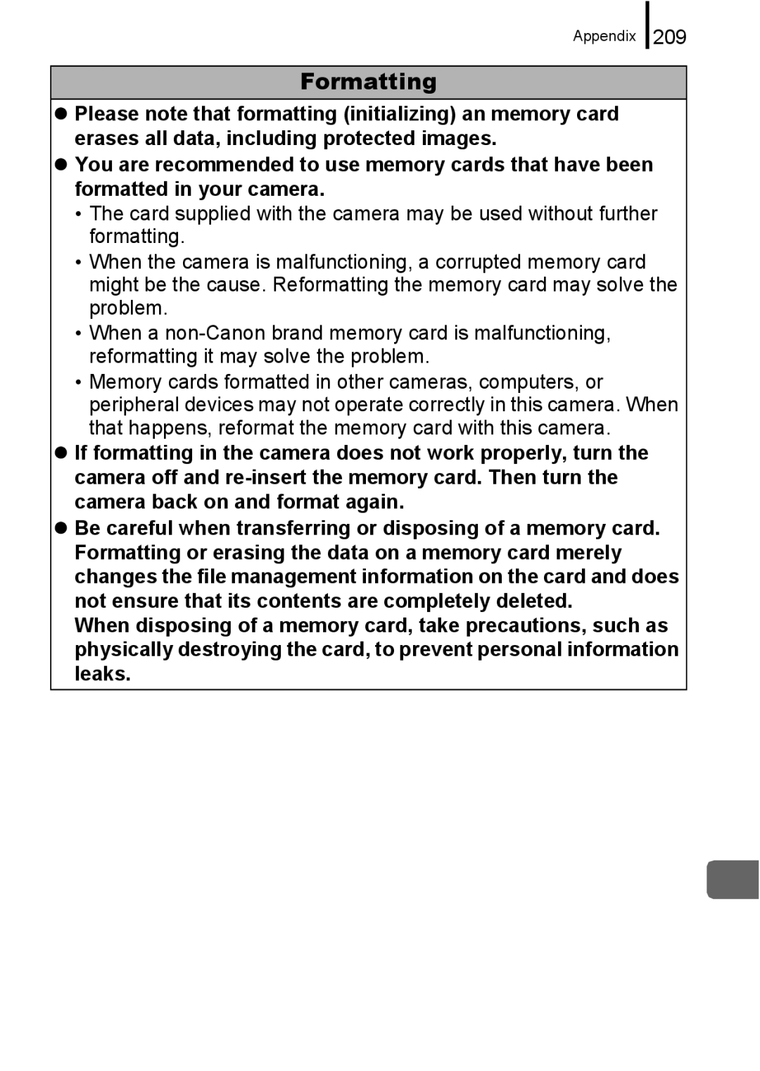 Canon 960 IS appendix Formatting, 209 