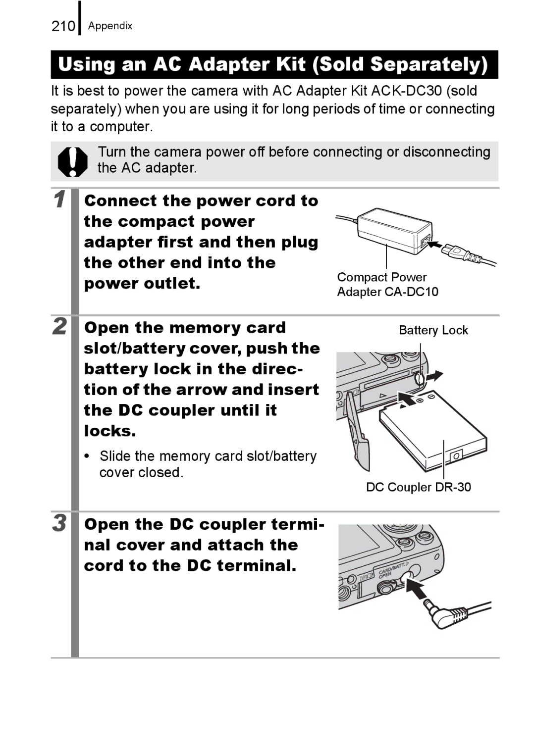 Canon 960 IS appendix Power outlet, Open the memory card, 210, Slide the memory card slot/battery cover closed 