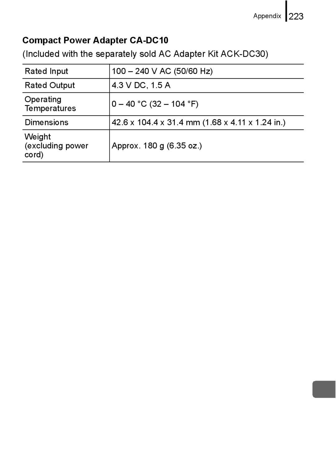 Canon 960 IS appendix 223, Compact Power Adapter CA-DC10, Included with the separately sold AC Adapter Kit ACK-DC30 