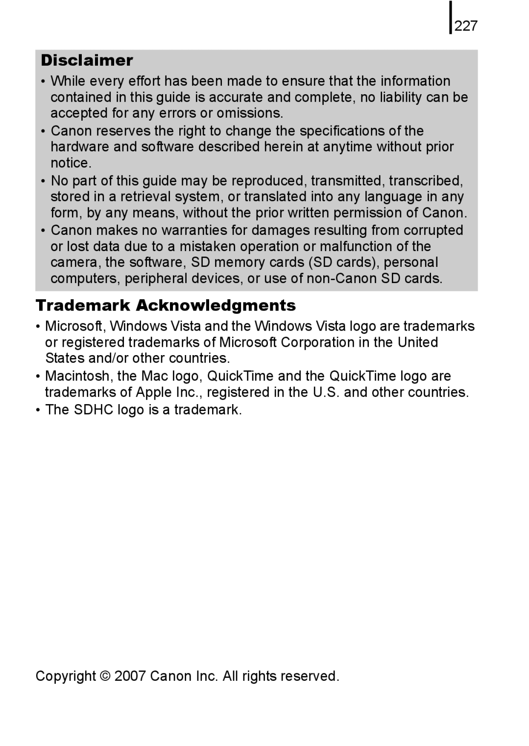 Canon 960 IS appendix Disclaimer, Trademark Acknowledgments, 227 