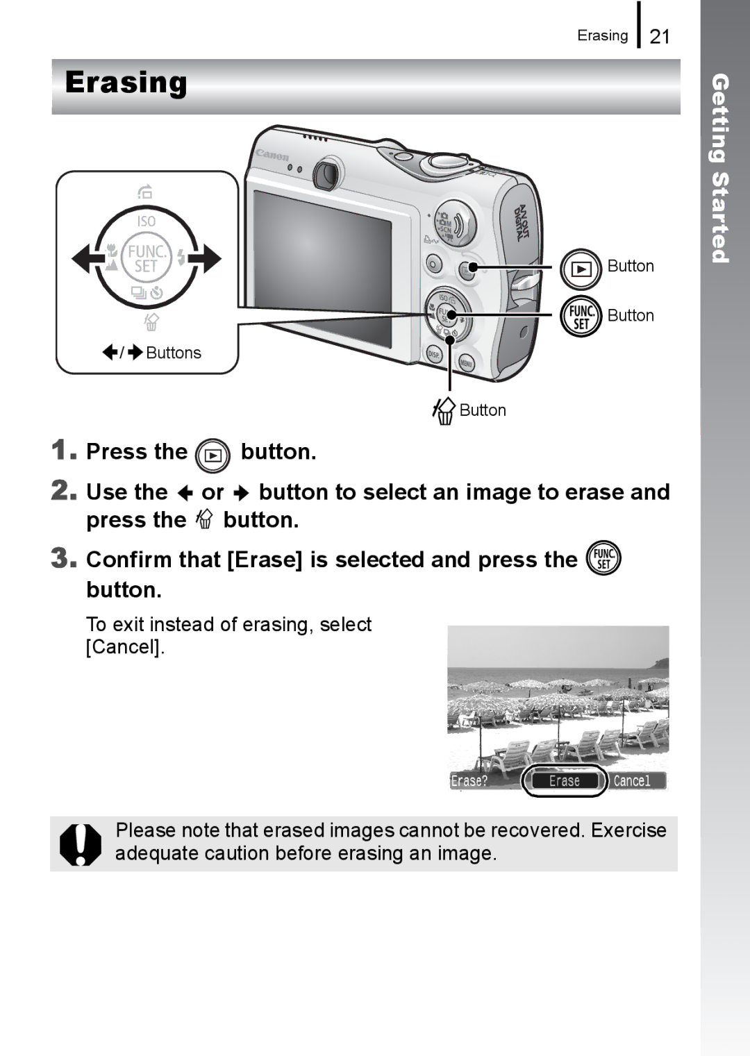 Canon 960 IS appendix Erasing, To exit instead of erasing, select Cancel 