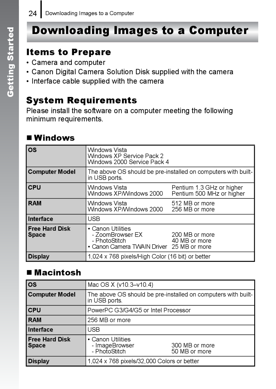 Canon 960 IS appendix Downloading Images to a Computer, Items to Prepare, System Requirements, „ Windows, „ Macintosh 