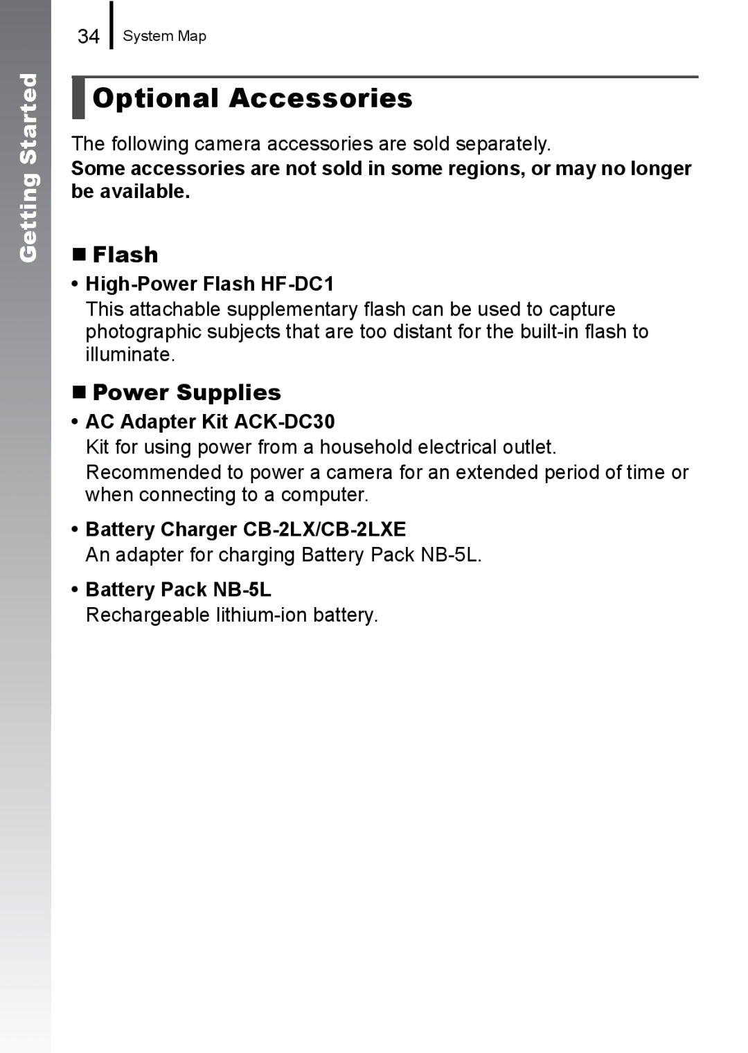 Canon 960 IS appendix Optional Accessories, „ Flash, „ Power Supplies 