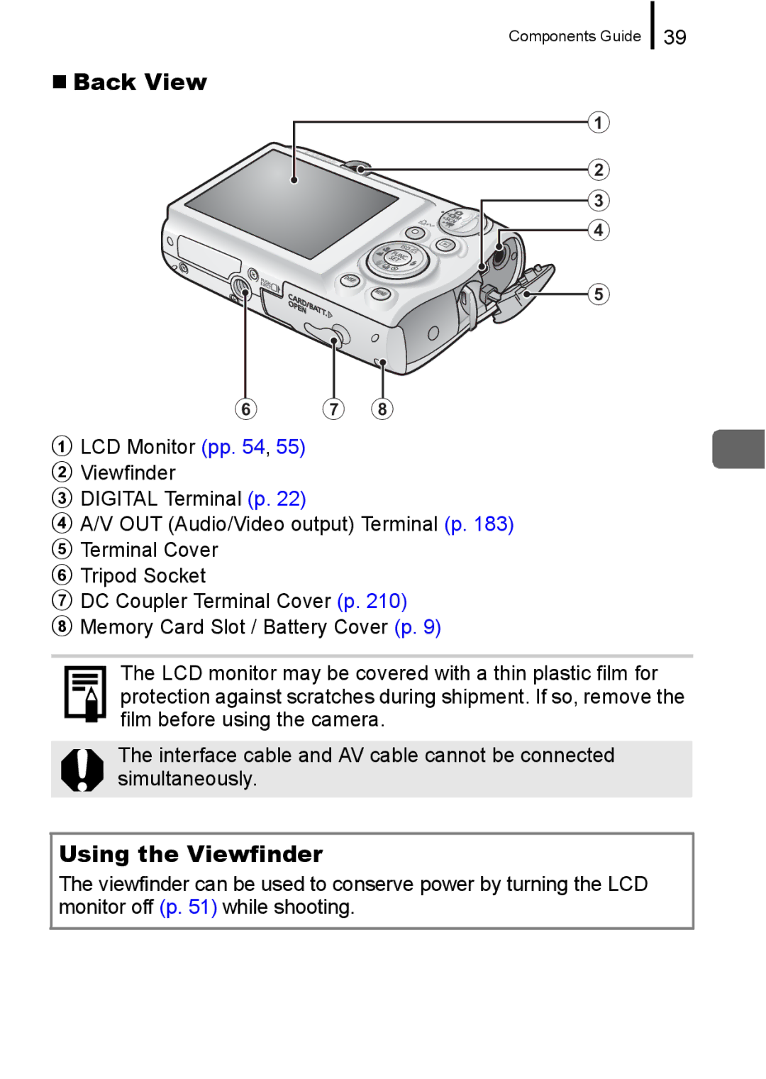 Canon 960 IS appendix „ Back View, Using the Viewfinder 