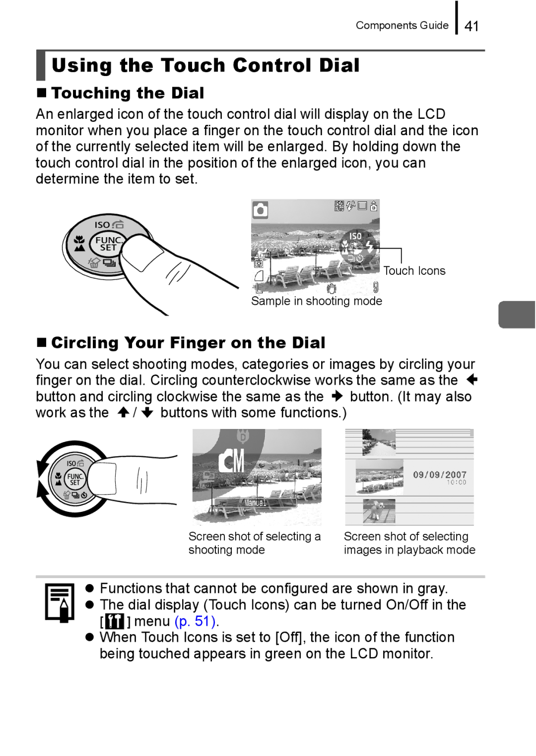 Canon 960 IS appendix Using the Touch Control Dial, „ Touching the Dial, „ Circling Your Finger on the Dial 