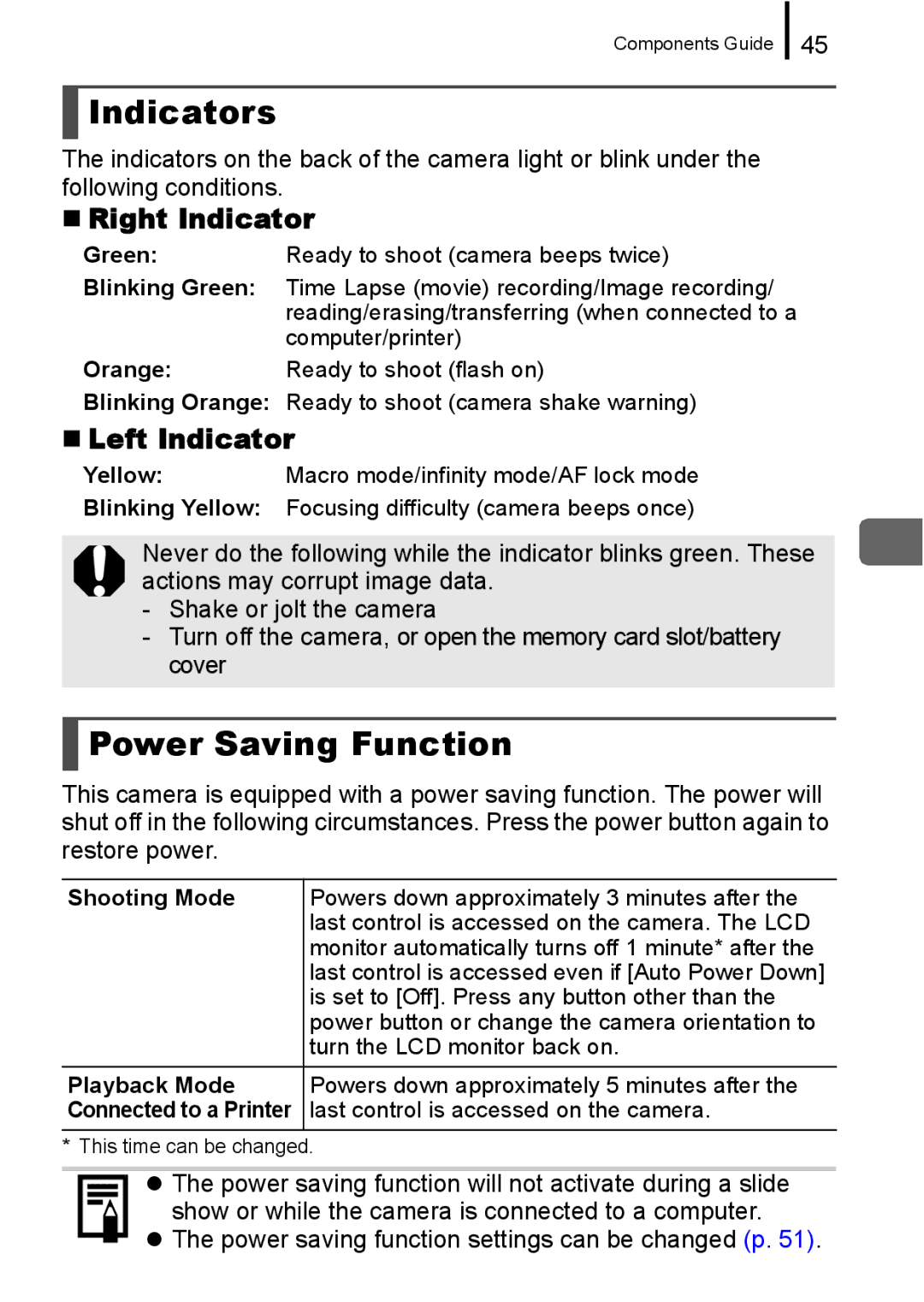 Canon 960 IS appendix Indicators, Power Saving Function, „ Right Indicator, „ Left Indicator 