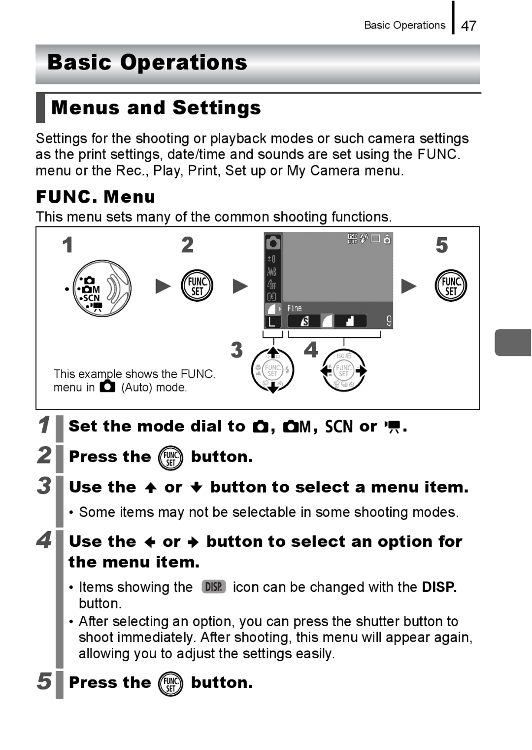 Canon 960 IS Basic Operations, Menus and Settings, FUNC. Menu, Use the or button to select an option for the menu item 