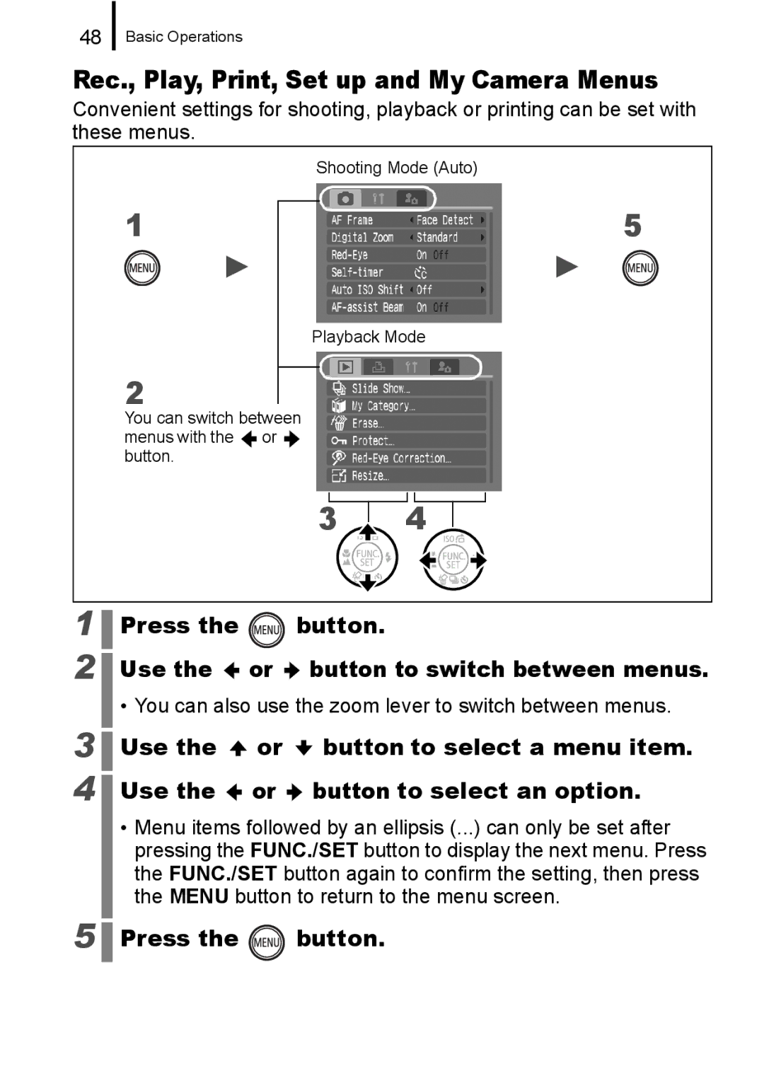 Canon 960 IS Rec., Play, Print, Set up and My Camera Menus, Press the button Use the or button to switch between menus 