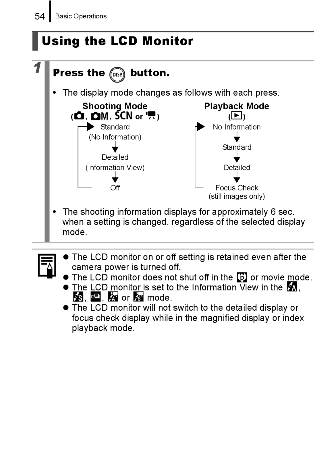 Canon 960 IS appendix Using the LCD Monitor, Display mode changes as follows with each press, Shooting Mode 