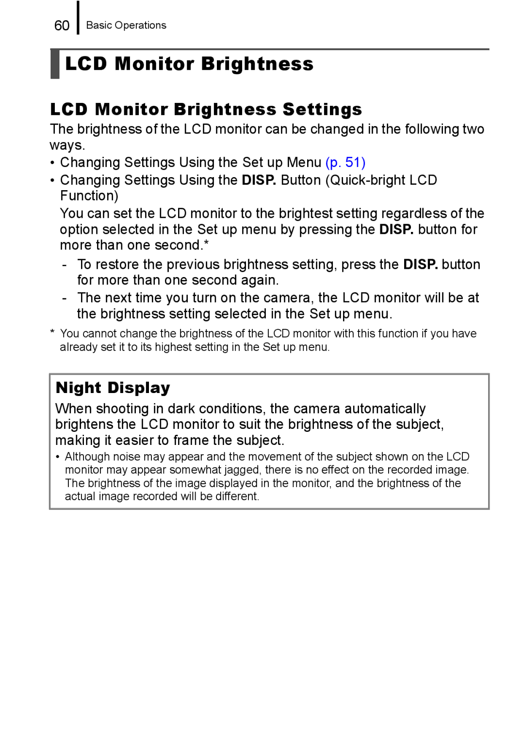 Canon 960 IS appendix LCD Monitor Brightness Settings, Night Display 