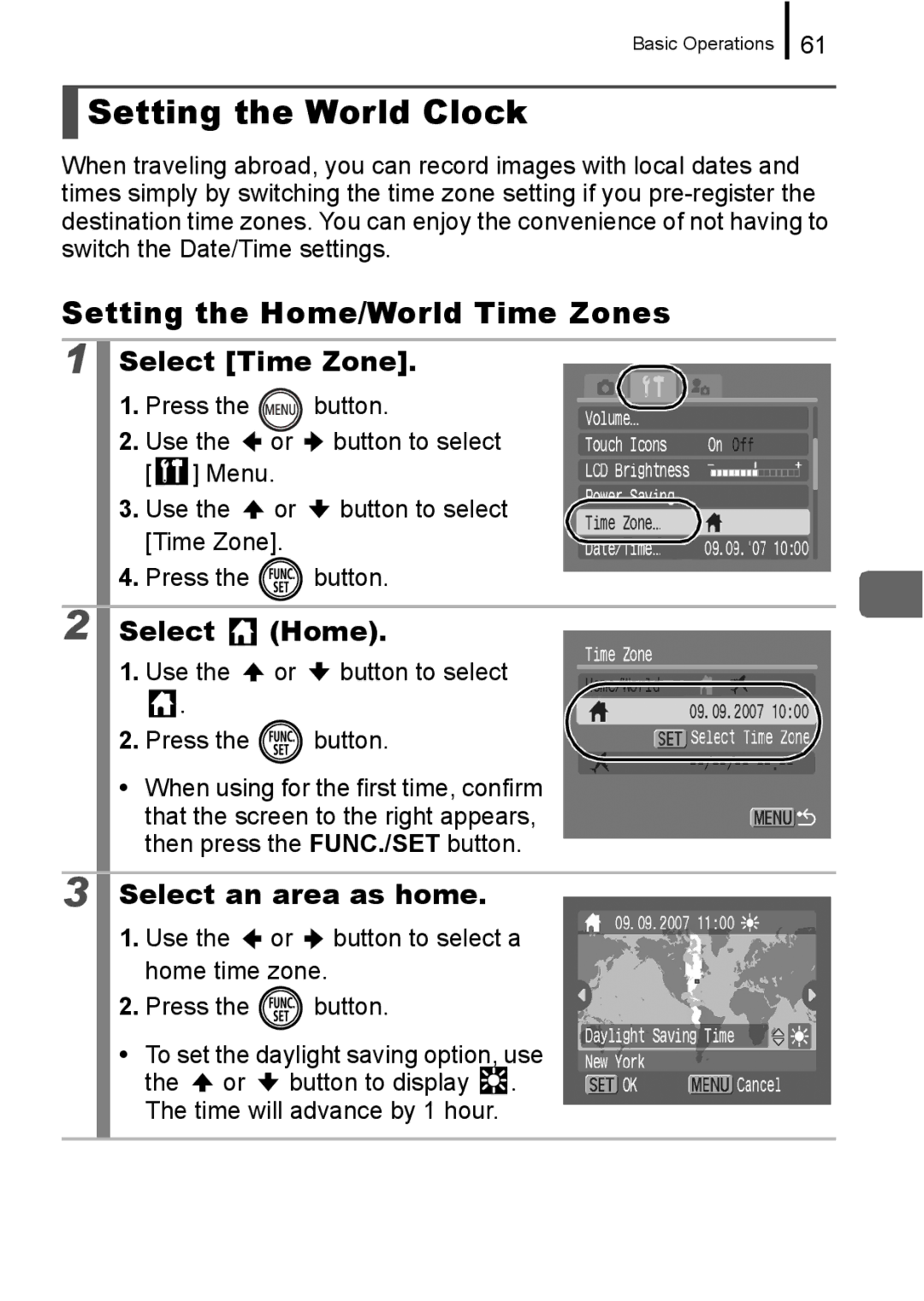 Canon 960 IS appendix Setting the World Clock, Setting the Home/World Time Zones, Select Time Zone, Select an area as home 