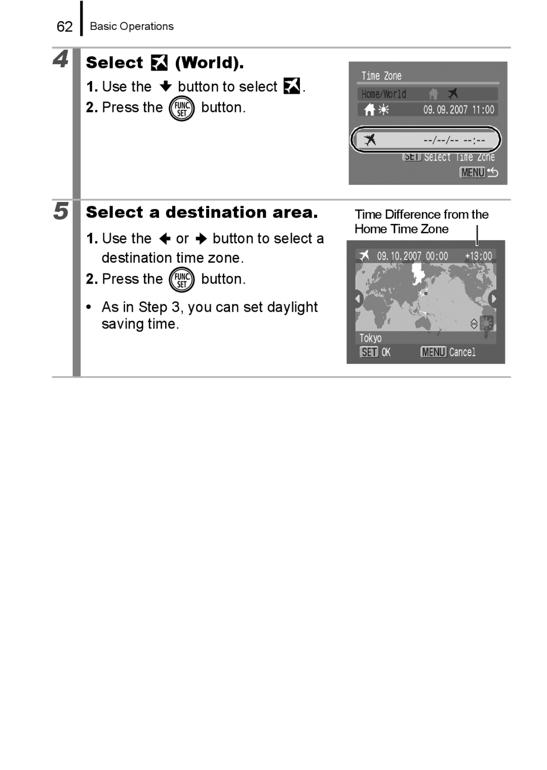 Canon 960 IS appendix Select World, Select a destination area, Use the button to select Press the button 