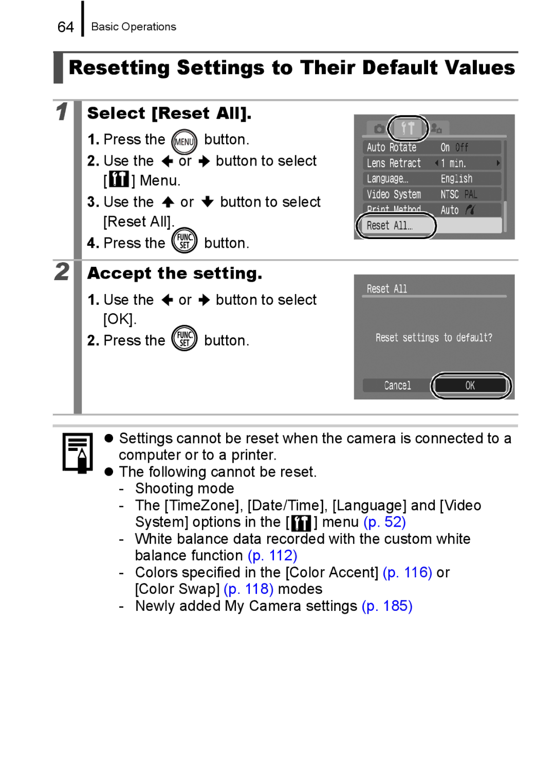 Canon 960 IS appendix Resetting Settings to Their Default Values, Select Reset All, Accept the setting 