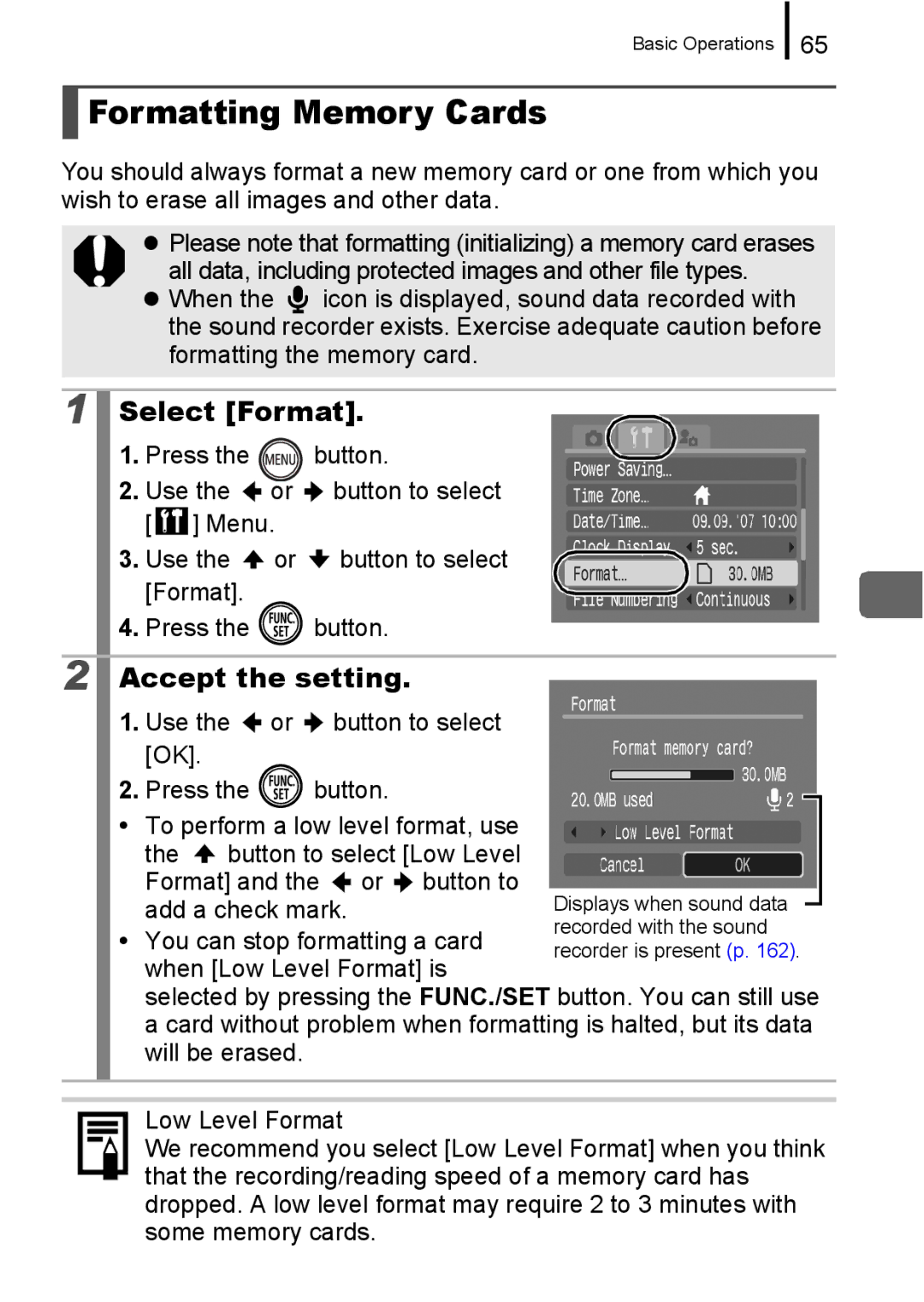 Canon 960 IS appendix Formatting Memory Cards, Select Format, Use, Add a check mark You can stop formatting a card 