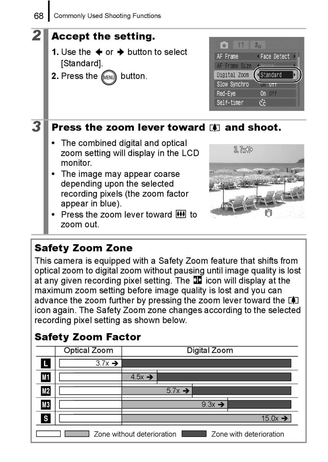 Canon 960 IS appendix Press the zoom lever toward and shoot, Safety Zoom Zone, Safety Zoom Factor 